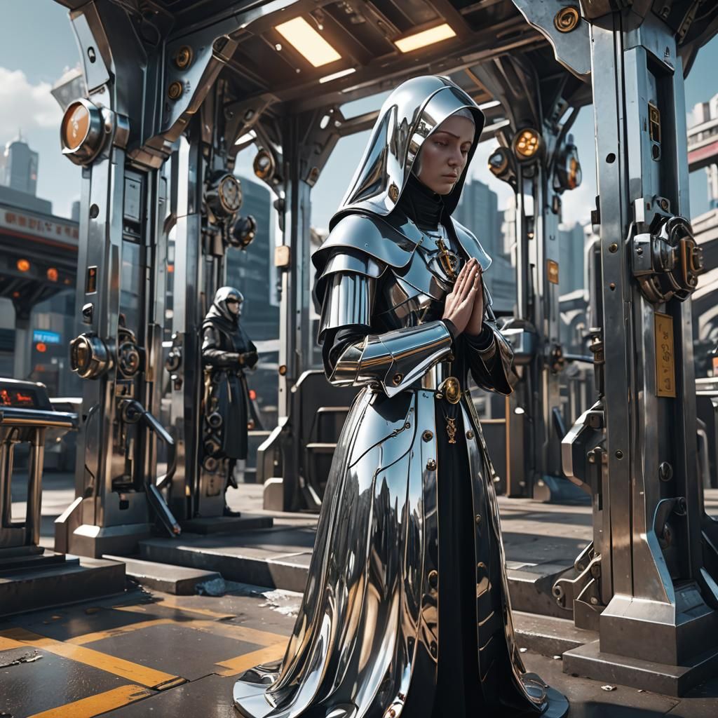 Chrome Nun Praying: Sci-Fi Futuristic Render