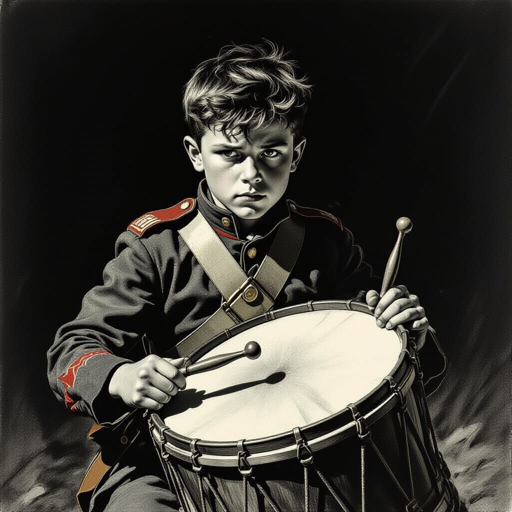 Young Drummer Boy in Charcoal Drawing Style