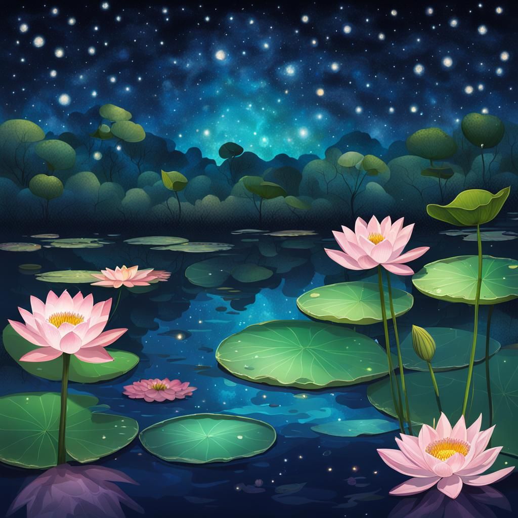 Shimmering Night Sky Pond with Lotus Flowers