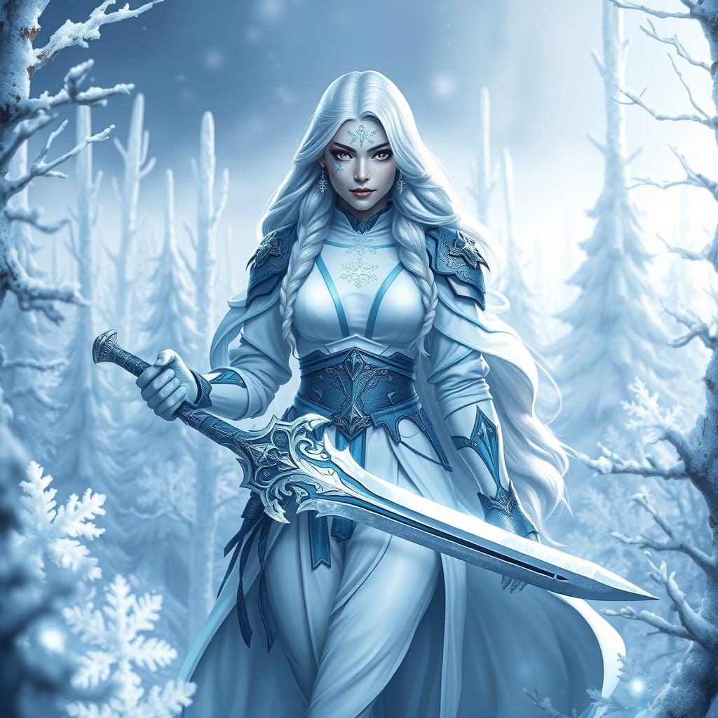 Ethereal Ice Warrior in Futuristic Winter Wonderland
