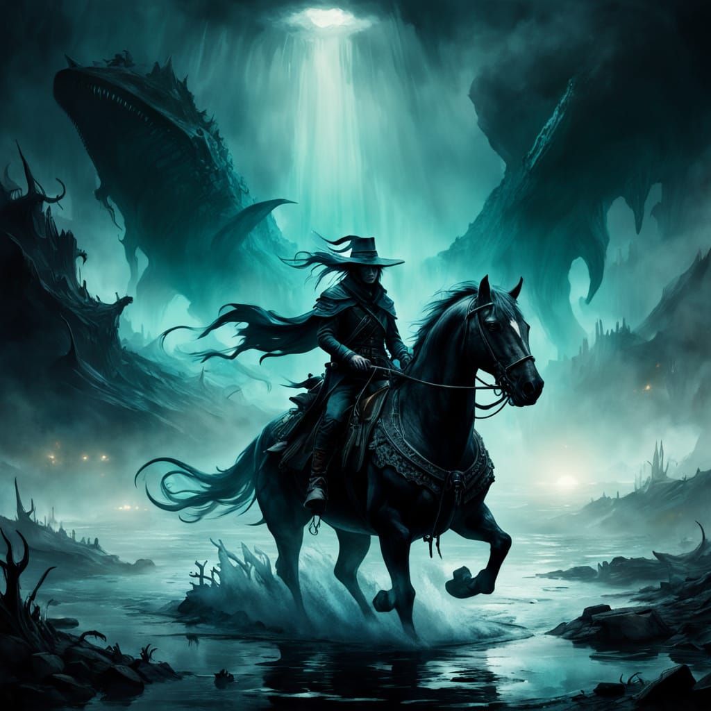 Dark Fantasy Leviathan Rider in a Flooded Wasteland