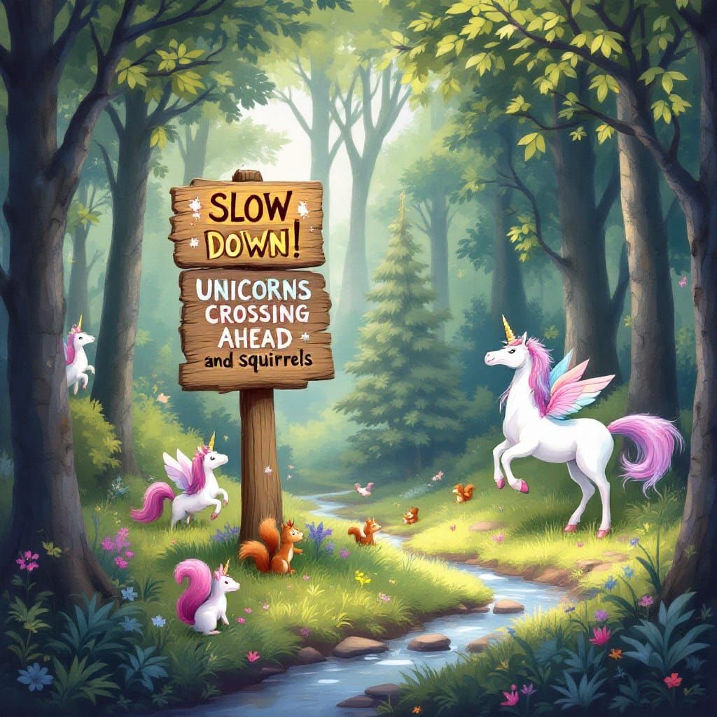 Whimsical Woodland Sign with Unicorns and Squirrels in a Lus...