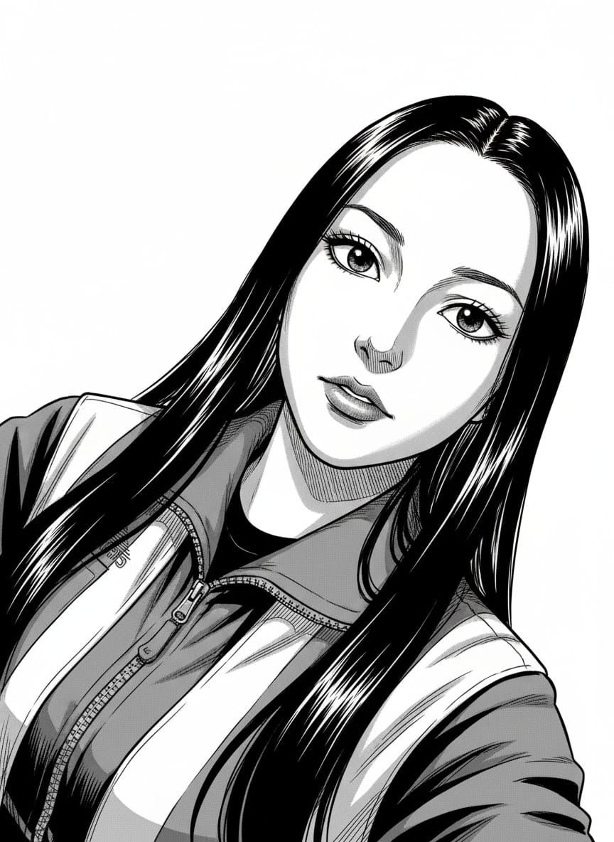 Monochrome Manga Illustration: Dramatic Girl with Long Dark ...