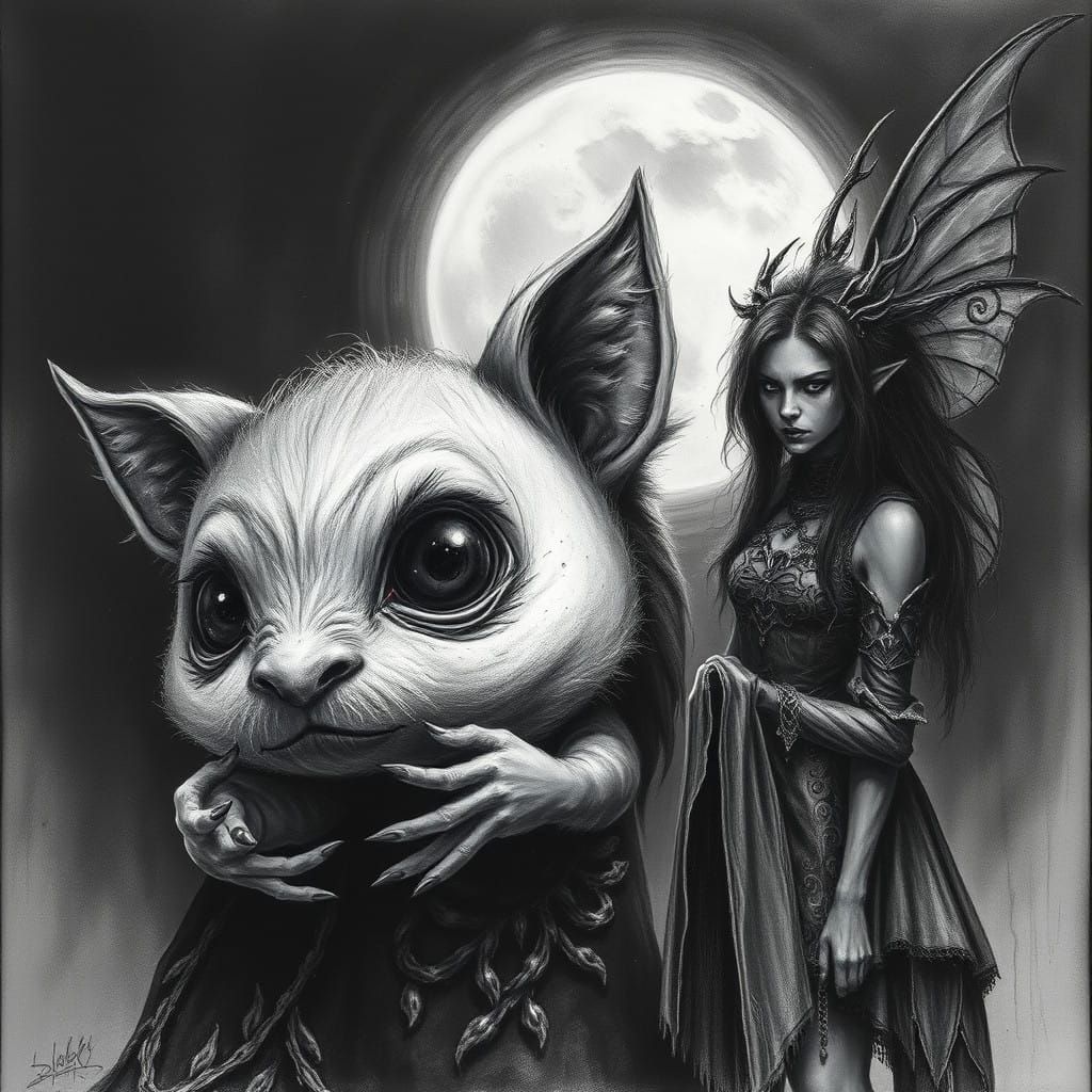 A Hyperrealistic charcoal drawing of a puck and a evil fary