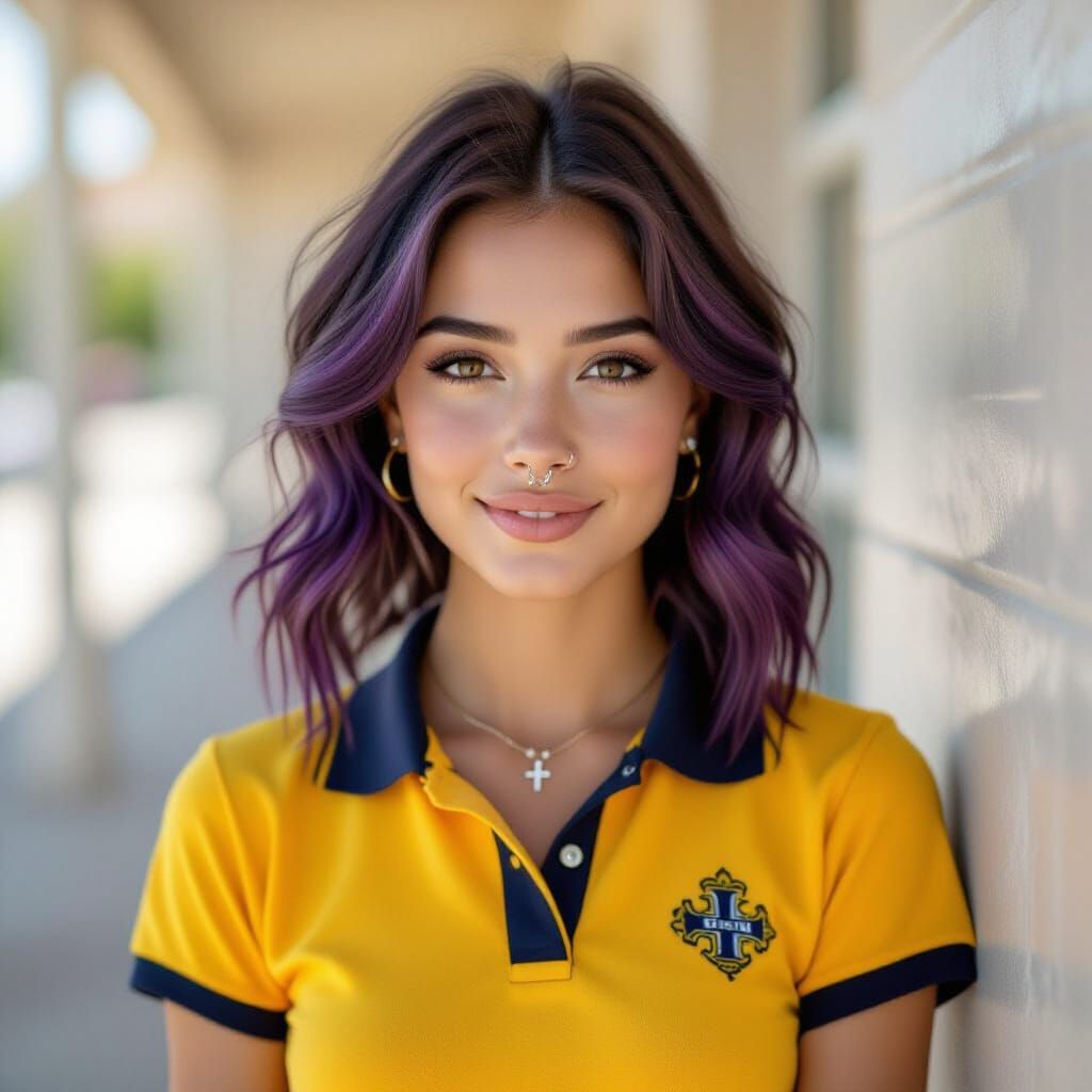 Young Woman with Purple Hair and School Uniform
