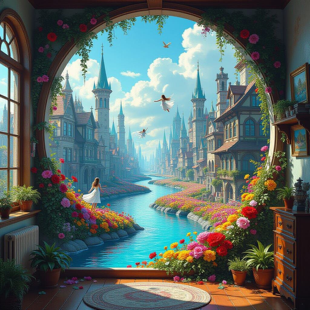 Surreal Sci-Fi Cityscape with Elven River