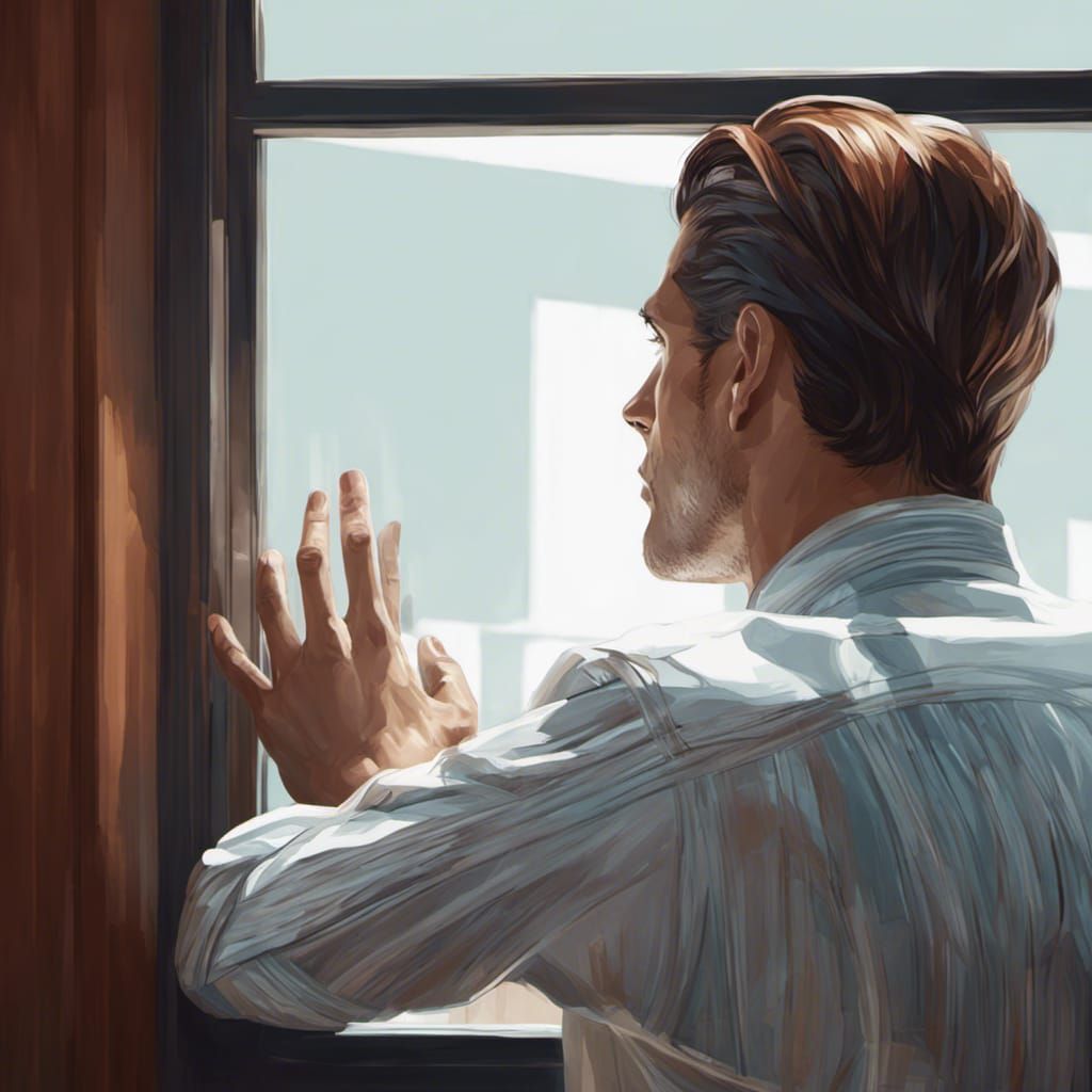 Lonely Man Gazing out Window: Hyperdetailed Portrait