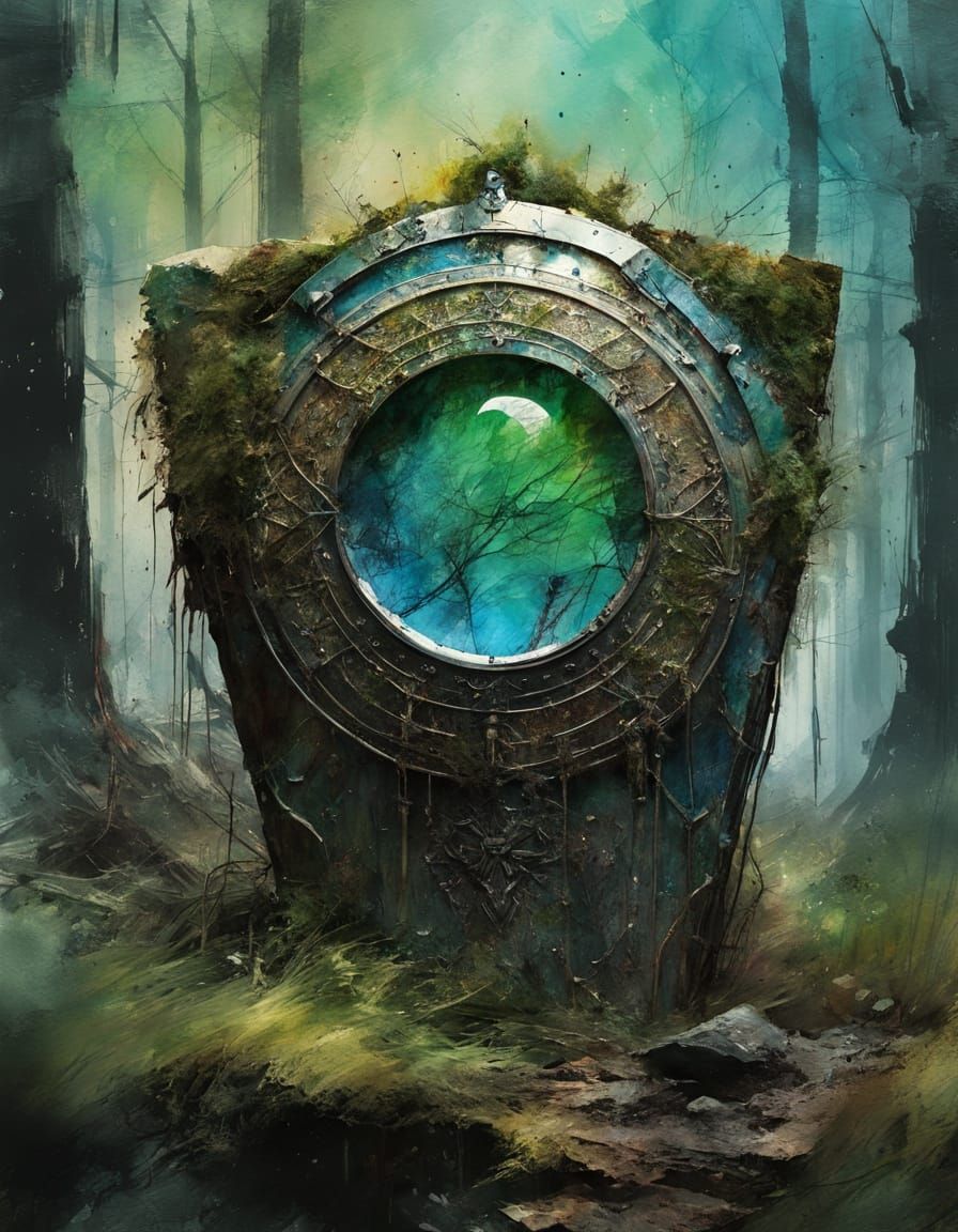 Abandoned Roman Shield in Haunted Forest Illuminated by Eeri...