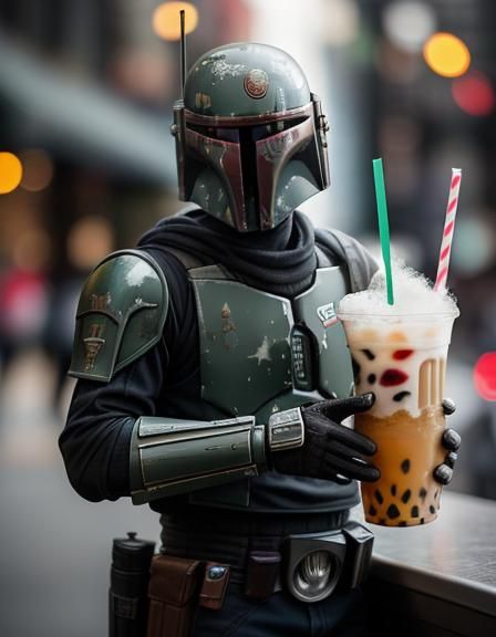 Boba Fett Enjoys Bubble Tea: Professional Photo