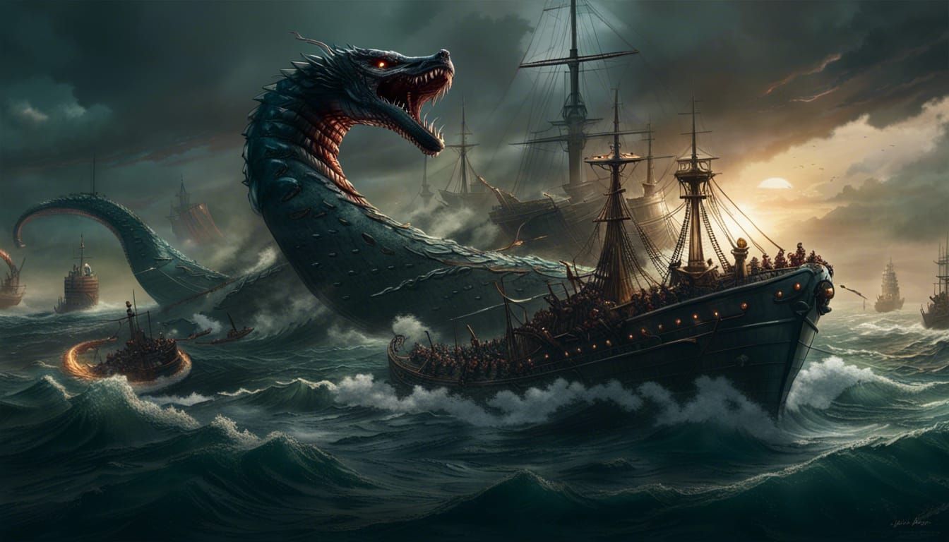 Epic Sea Serpent vs Warships in Dark Fantasy Style
