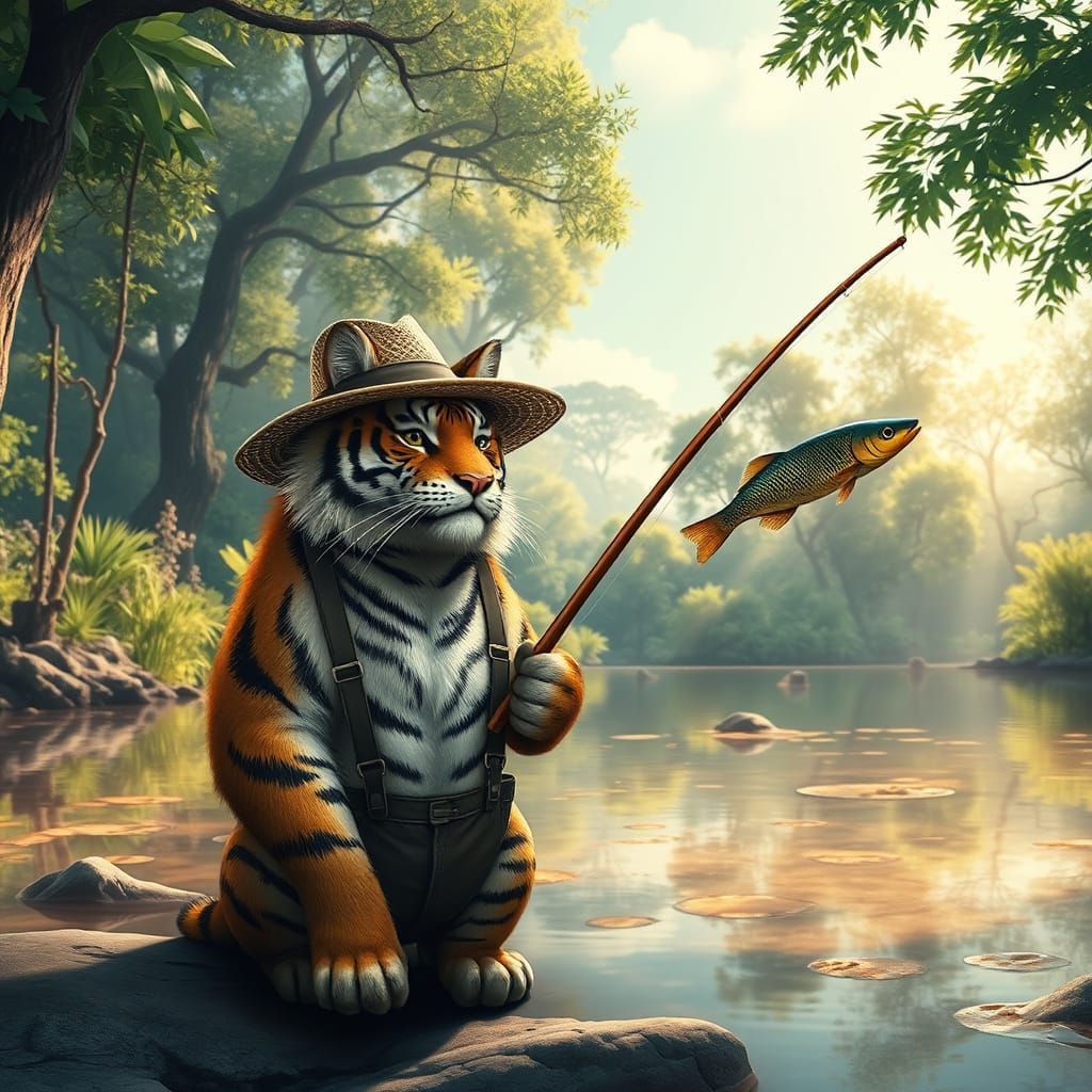 Anthropomorphic Tiger Cat Fisherman in Sun-Dappled Forest
