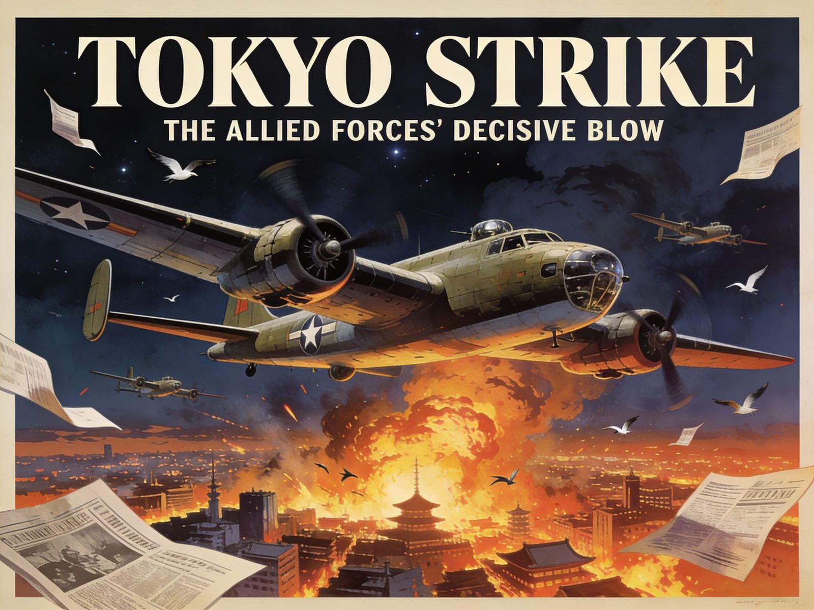 WW2 Bombers Over Fiery Tokyo in Propaganda Poster Style