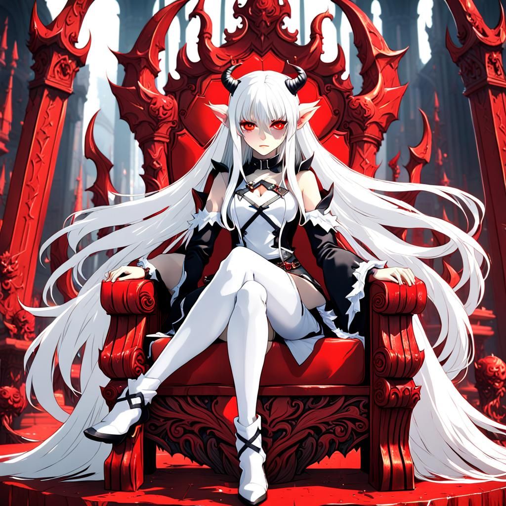 Devil Girl with White Hair on Red Throne