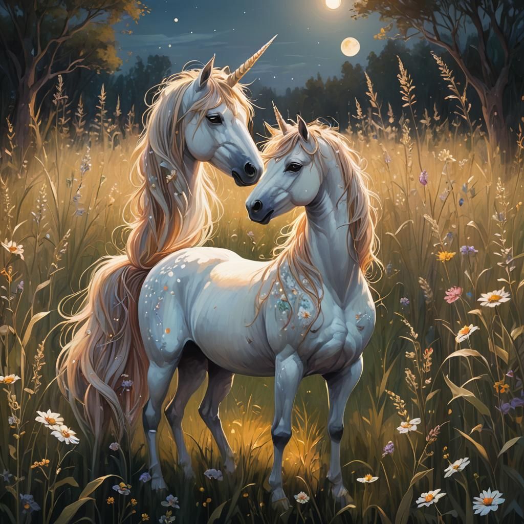 Ethereal Unicorn in Moonlit Meadow