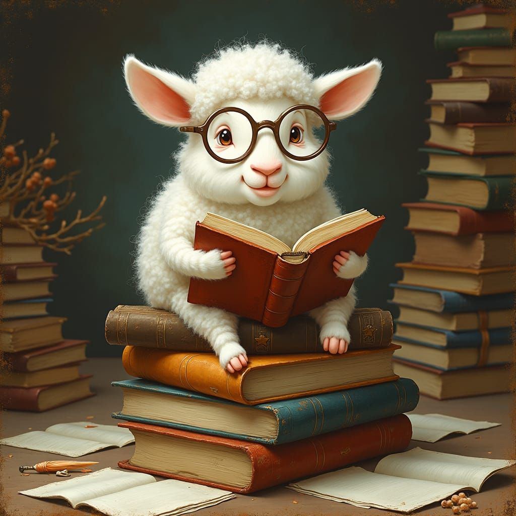 Sheep Reading Books in Beatrix Potter Style