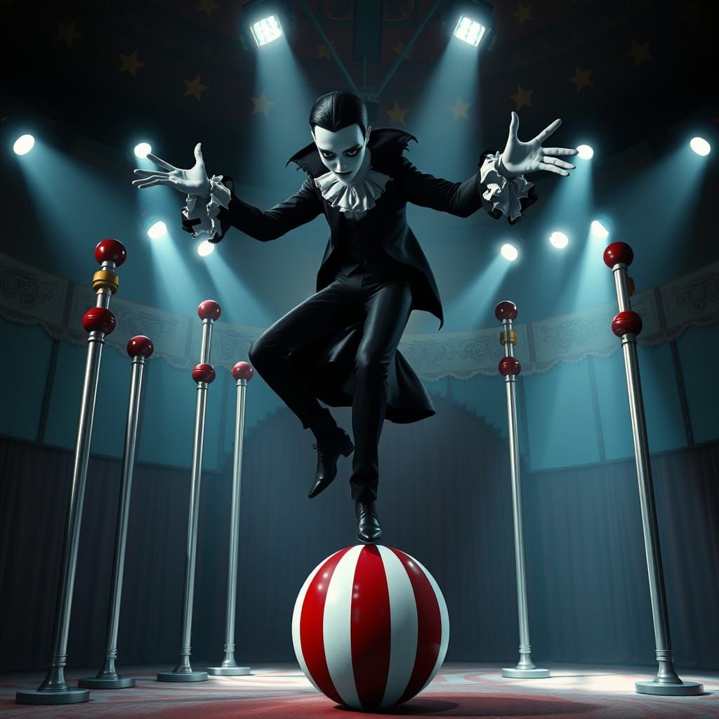 Gothic Circus Performer in Elegant Forward Bow