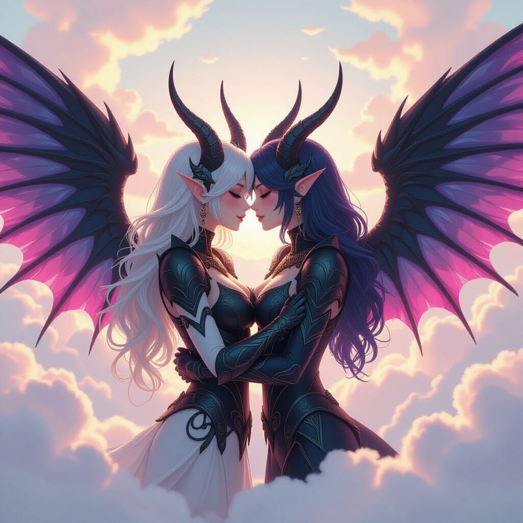 Demonic Digimon Embrace in Ethereal Pastel Heaven