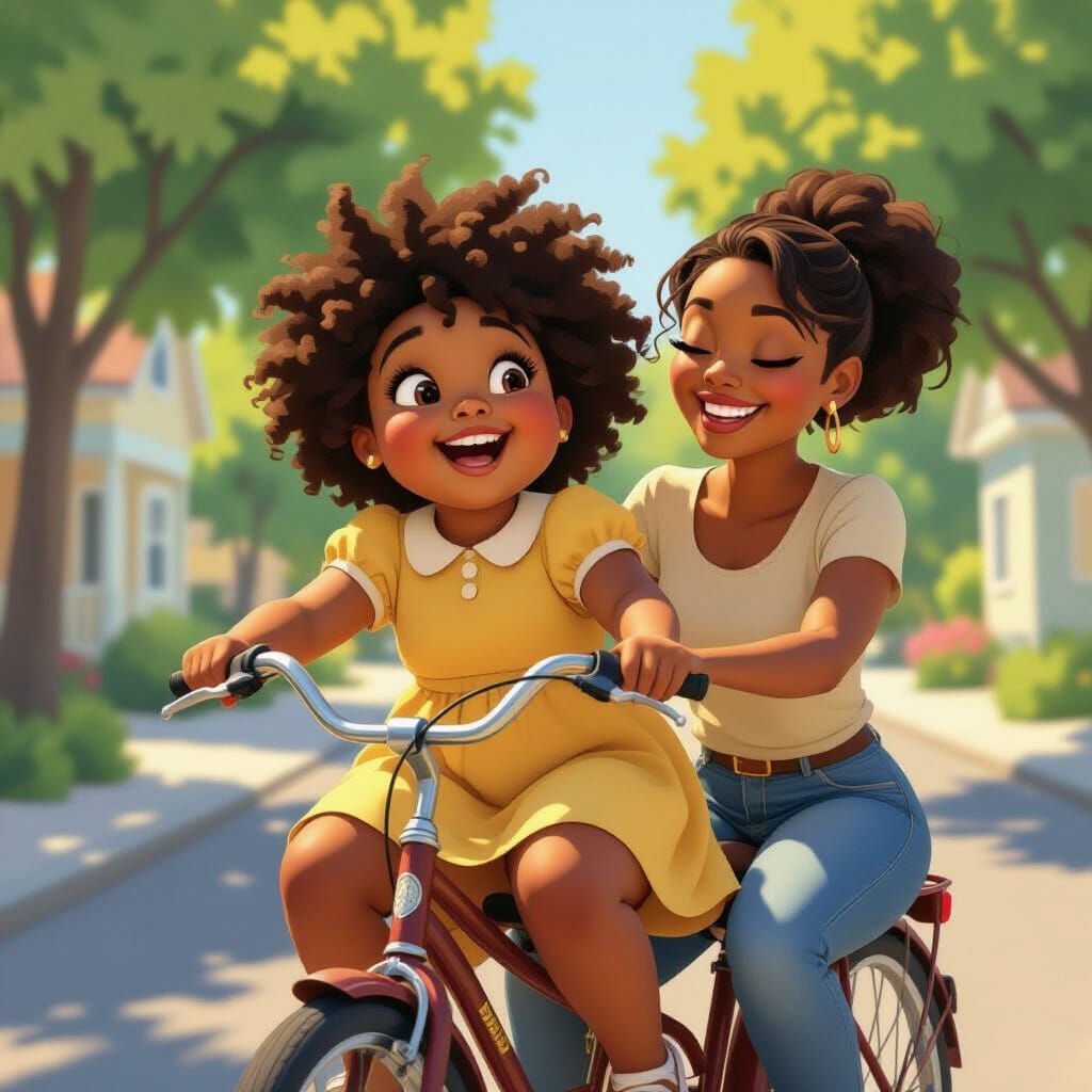 Happy Black Girl Rides Tandem Bicycle: Pixar-Inspired Animat...
