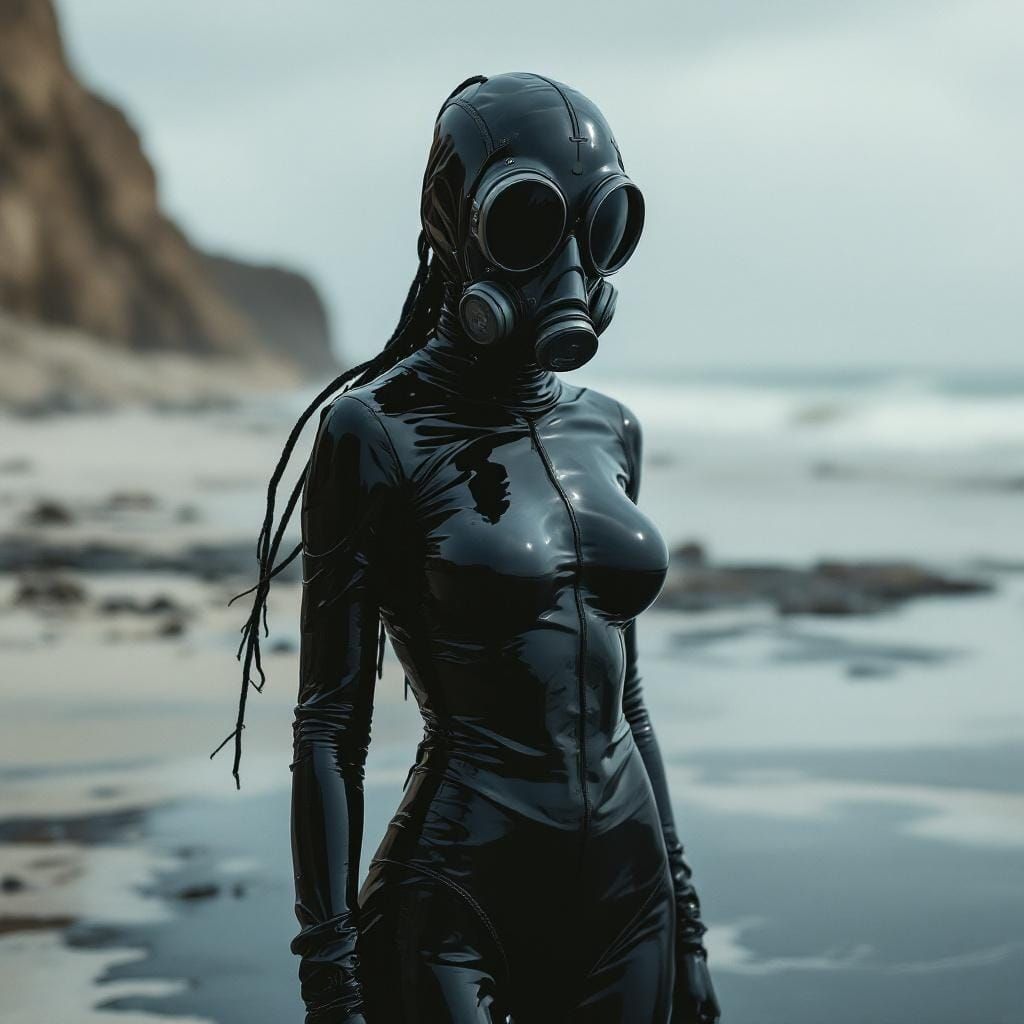 Woman in Gas Mask Amidst Oil Spill
