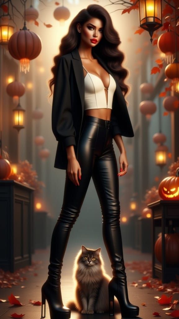 Stylish Woman in Halloween Scene with Cat