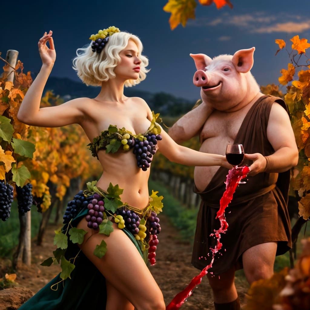 Bacchanal Dance with Bacchus in Vineyard