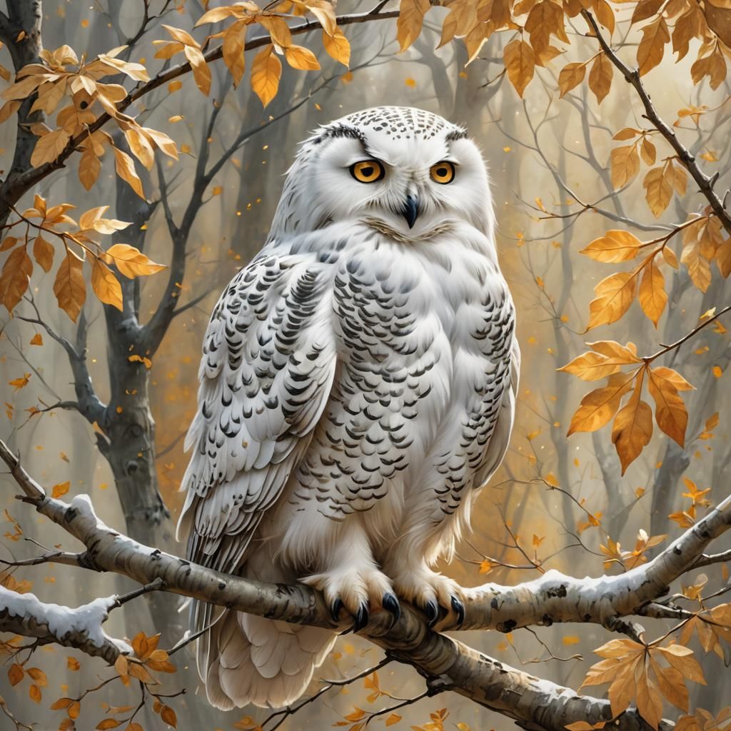 Fluffy Snowy Owl in Autumn Fantasy Illustration