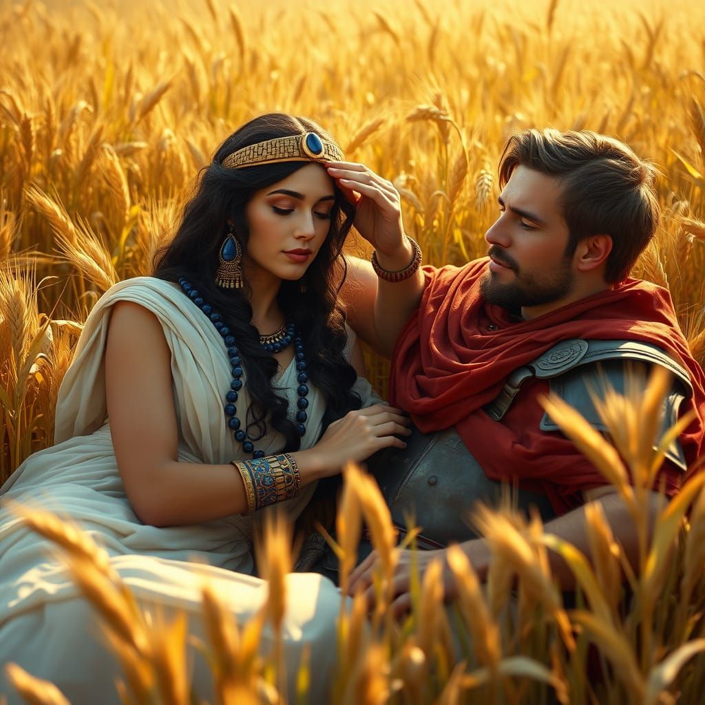 Egyptian Queen in Lush Grain Field with Roman Soldier