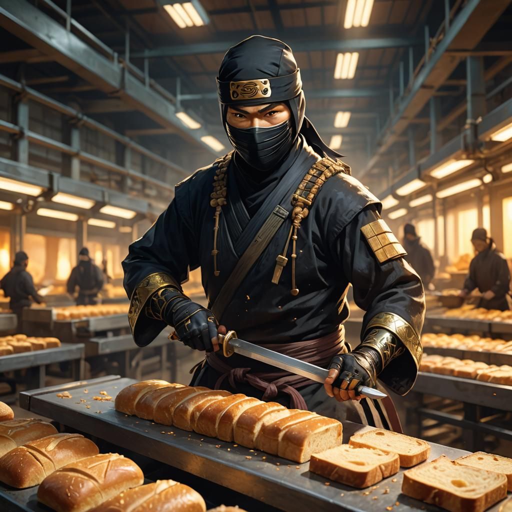 Ninja Slicing Bread on Production Line: Digital Art