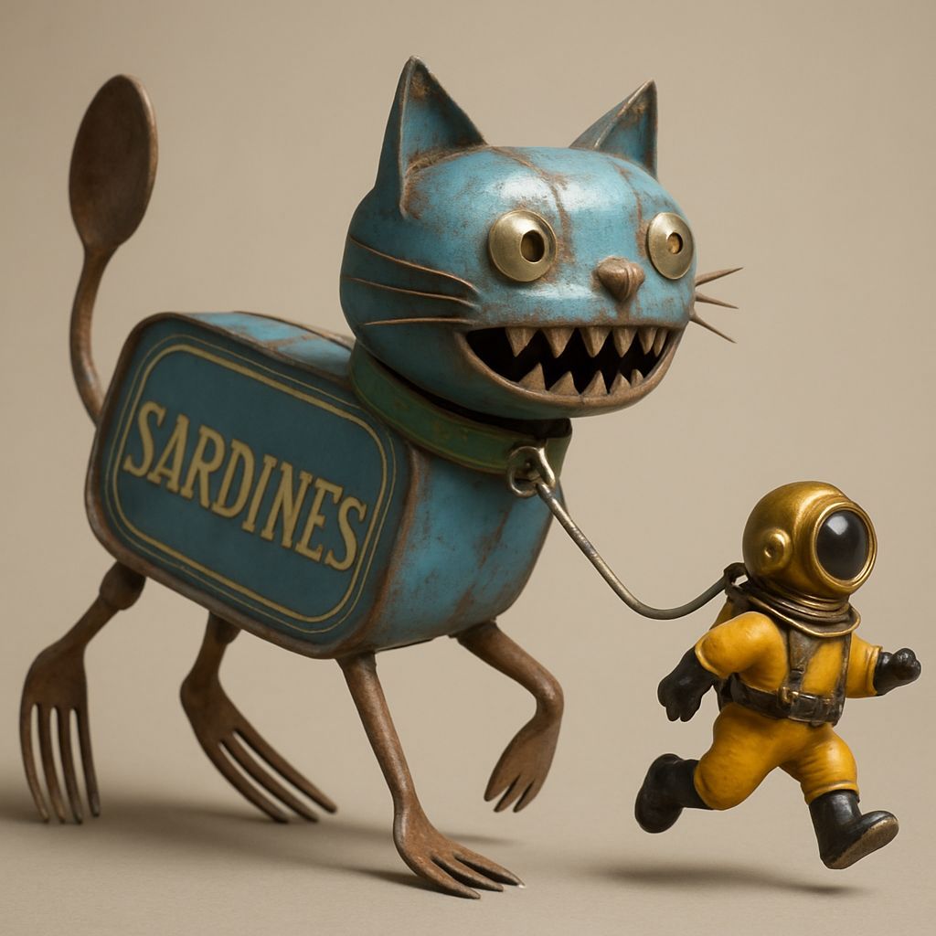 Whimsical Metal Sardine Cat Sculpture with Diver