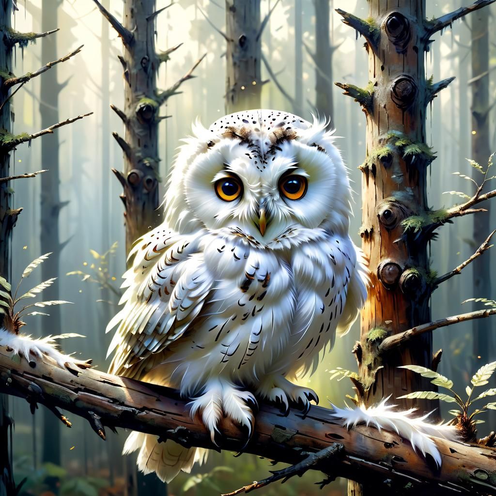 Fluffy White Owlet Portrait in Forest Setting