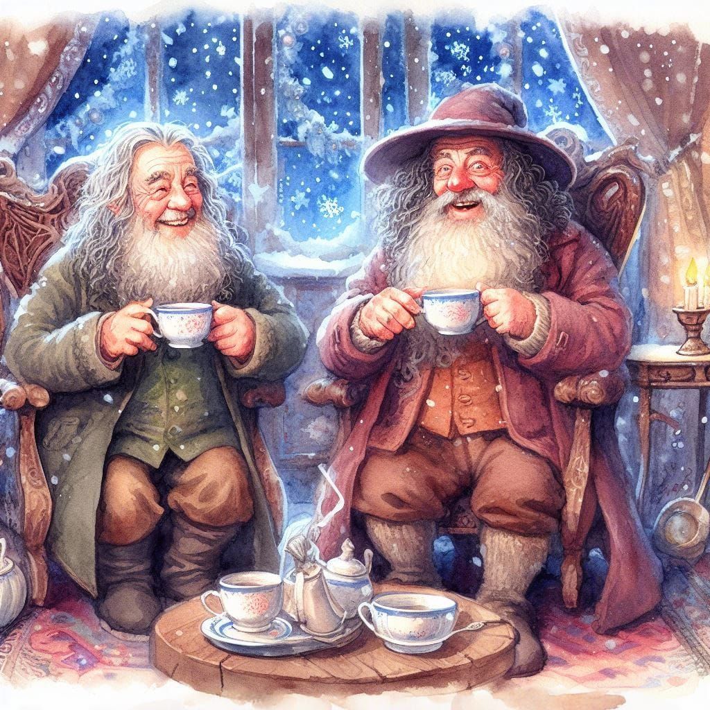 Jolly Old Men Enjoying Tea: Watercolor Portrait