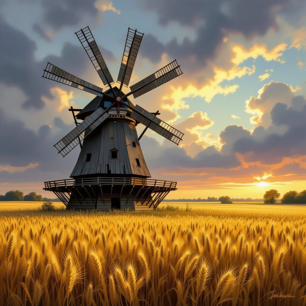 Derelict Windmill in Golden Field at Sunset