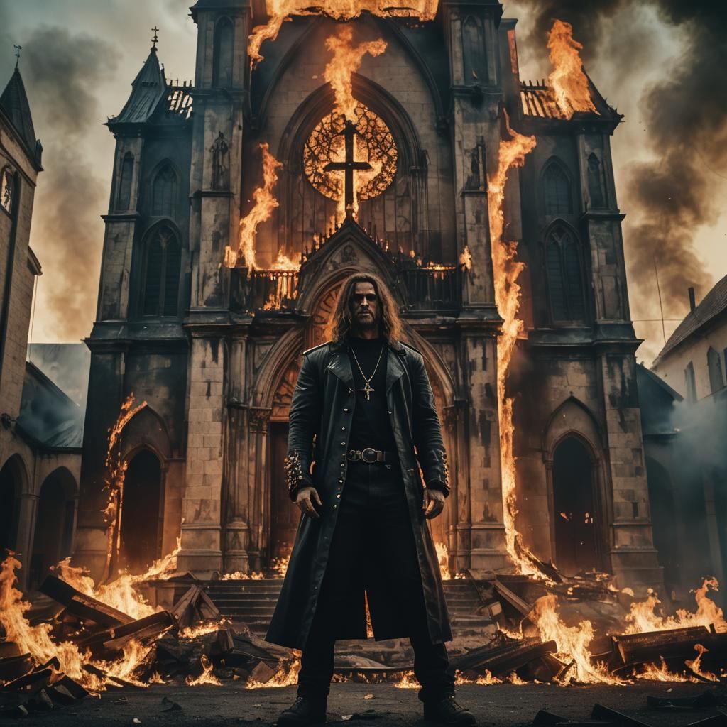 Heavy Metal God in Front of Burning Church