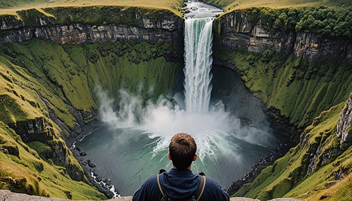 Waterfall Edge Panorama in Dreamlike Hues