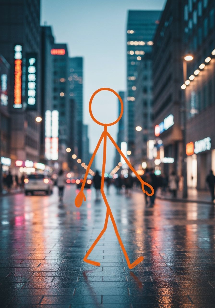 Orange Ink Stickman Walks City Street at Dusk