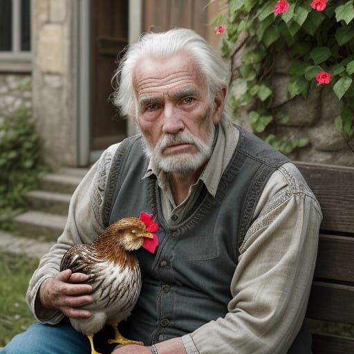 Warm Village Scene with Gentle Elderly Man and Chicken