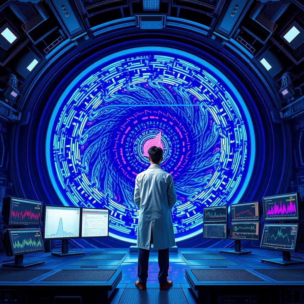 Futuristic Fourier Analysis Lab Scene in Cyberpunk Style