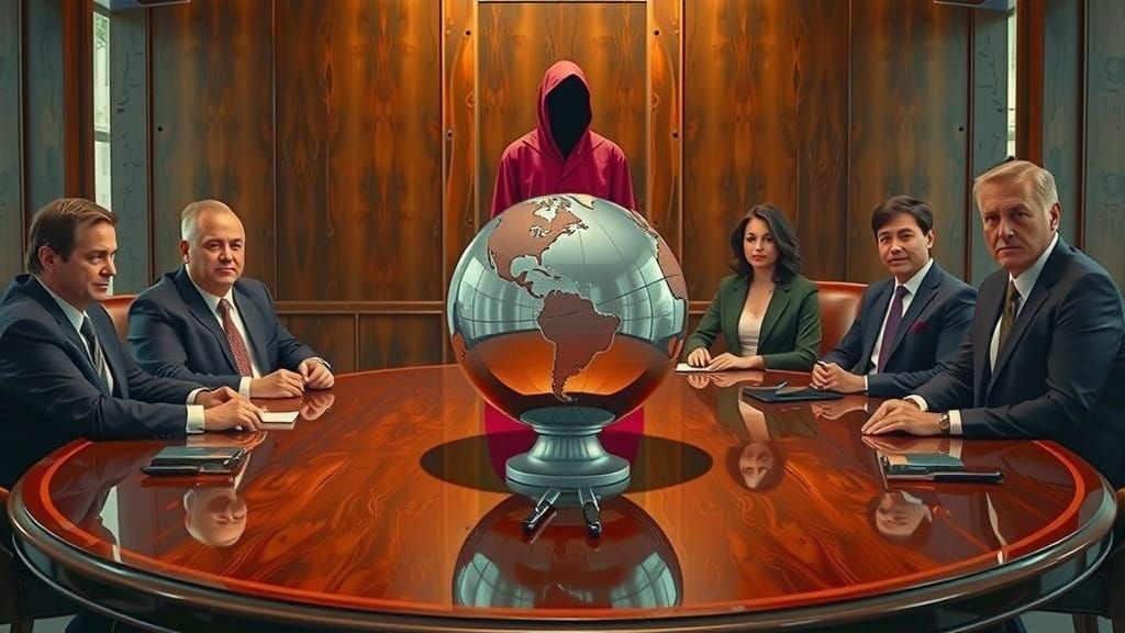 Businessmen Divide Earth in Dramatic Lighting