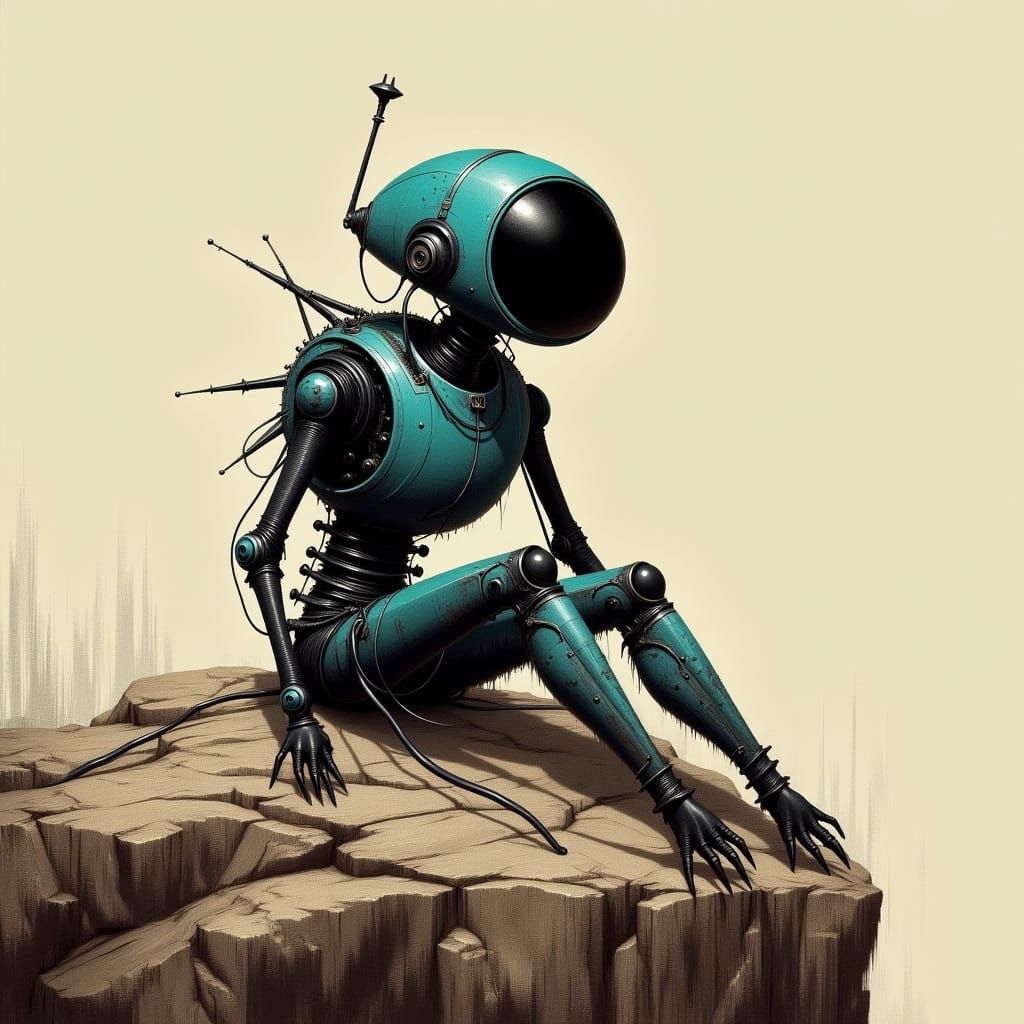 Weathered Robot on Rock, Comic Book Style