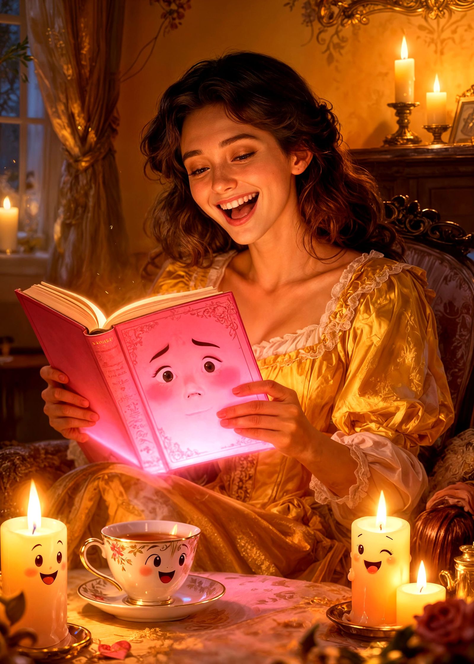 Woman Reading Blushing Romance Book in Cozy Room