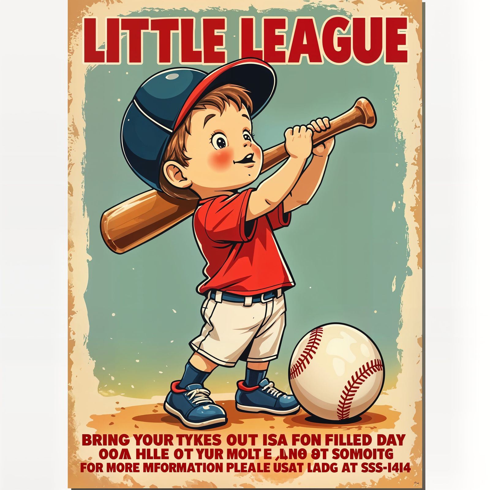 Cute Little Leaguer with Oversized Bat Poster
