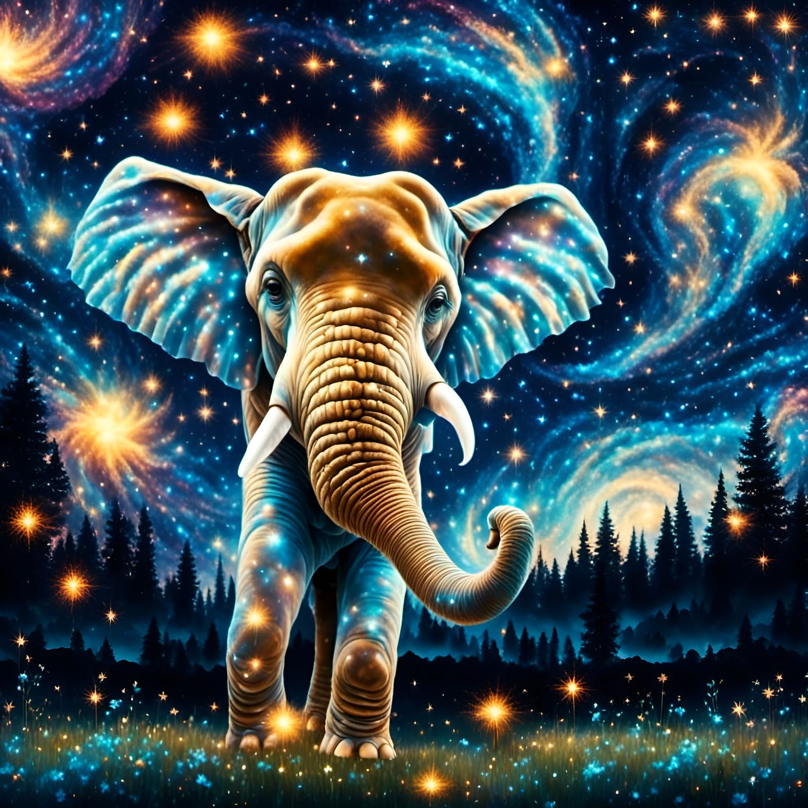 Elephant in Starry Field: Purple Fantasy Art