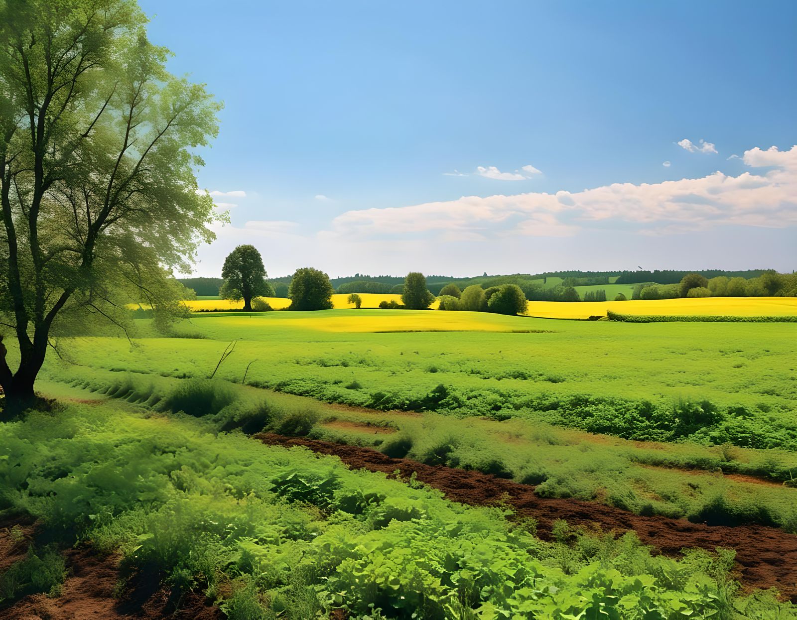 Lush Green Farm Field Under Sunny Sky