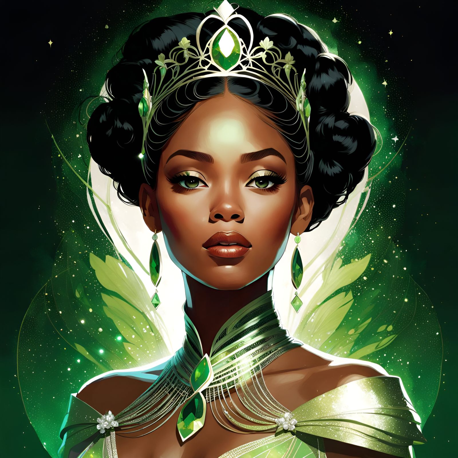 Gorgeous Princess Tiana Portrait with Green Filigree