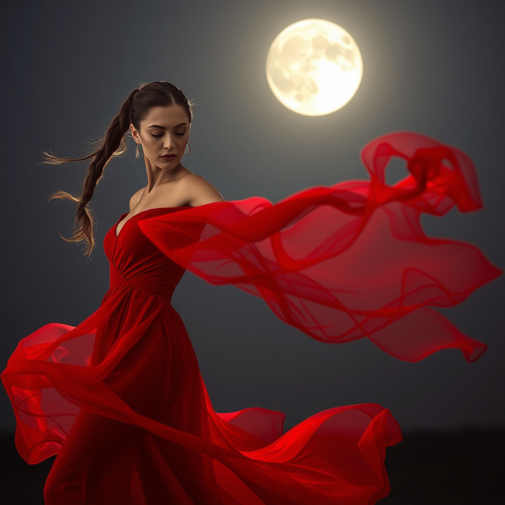 Mysterious Woman Dancing in Red Smoke Dress
