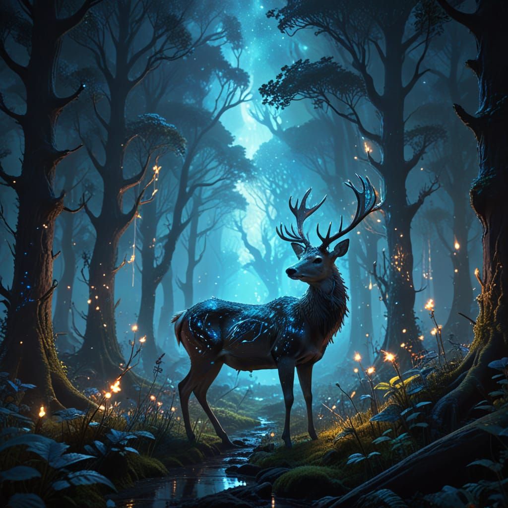 Stardust Deer Guides Travelers in Enchanted Forest