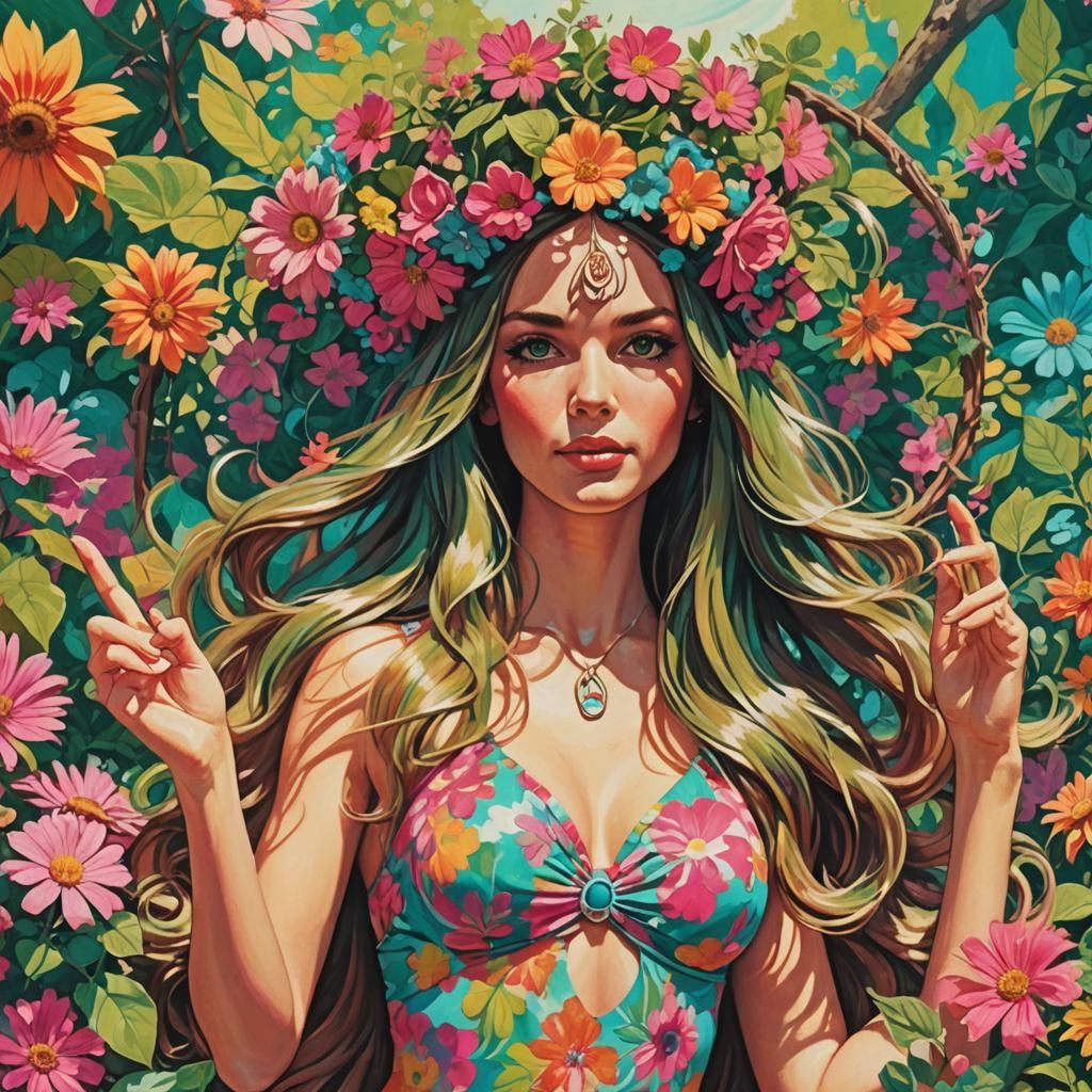 Psychedelic 1960s Bikini Girl in a Floral Garden