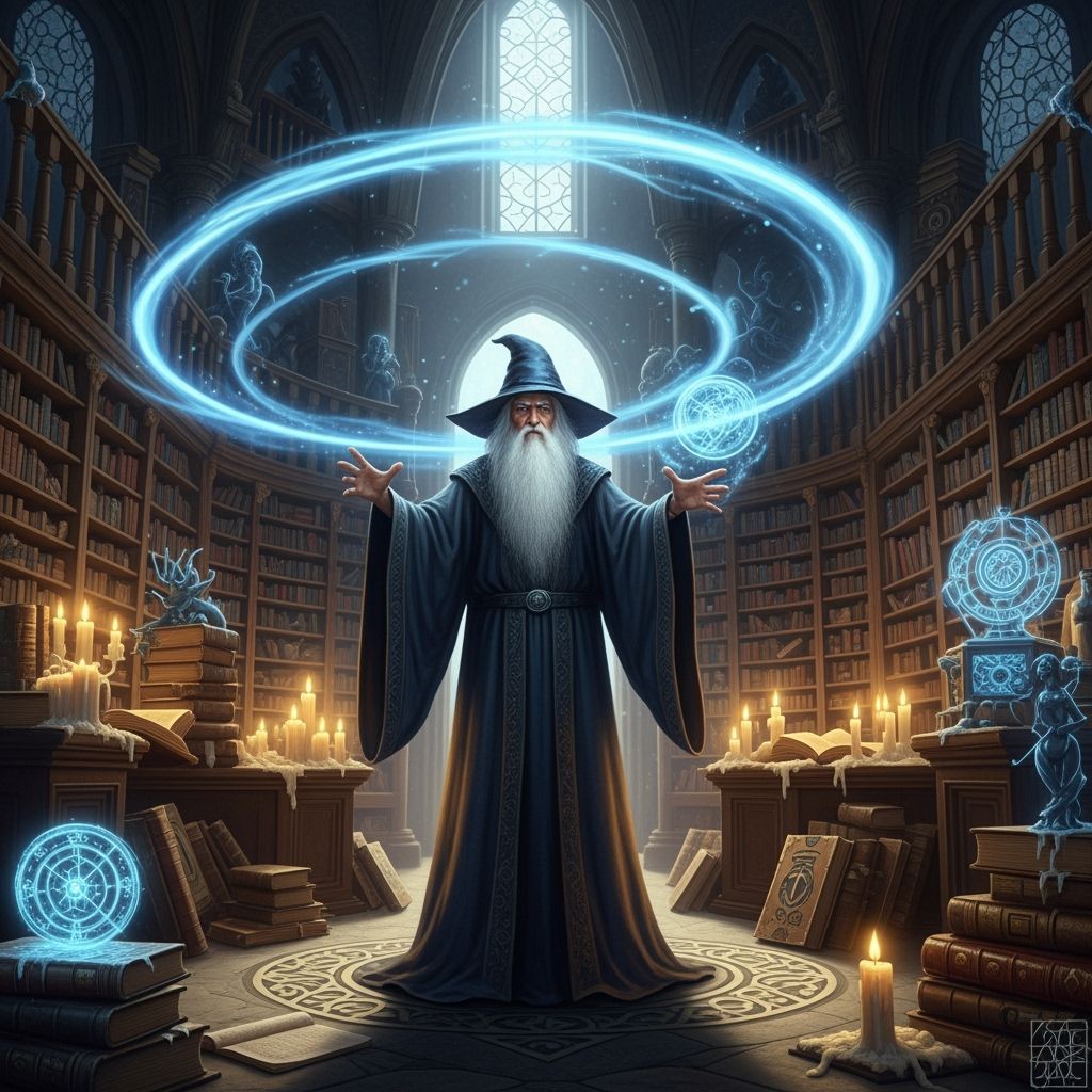 Wise Wizard Casting Spell in Grand Library