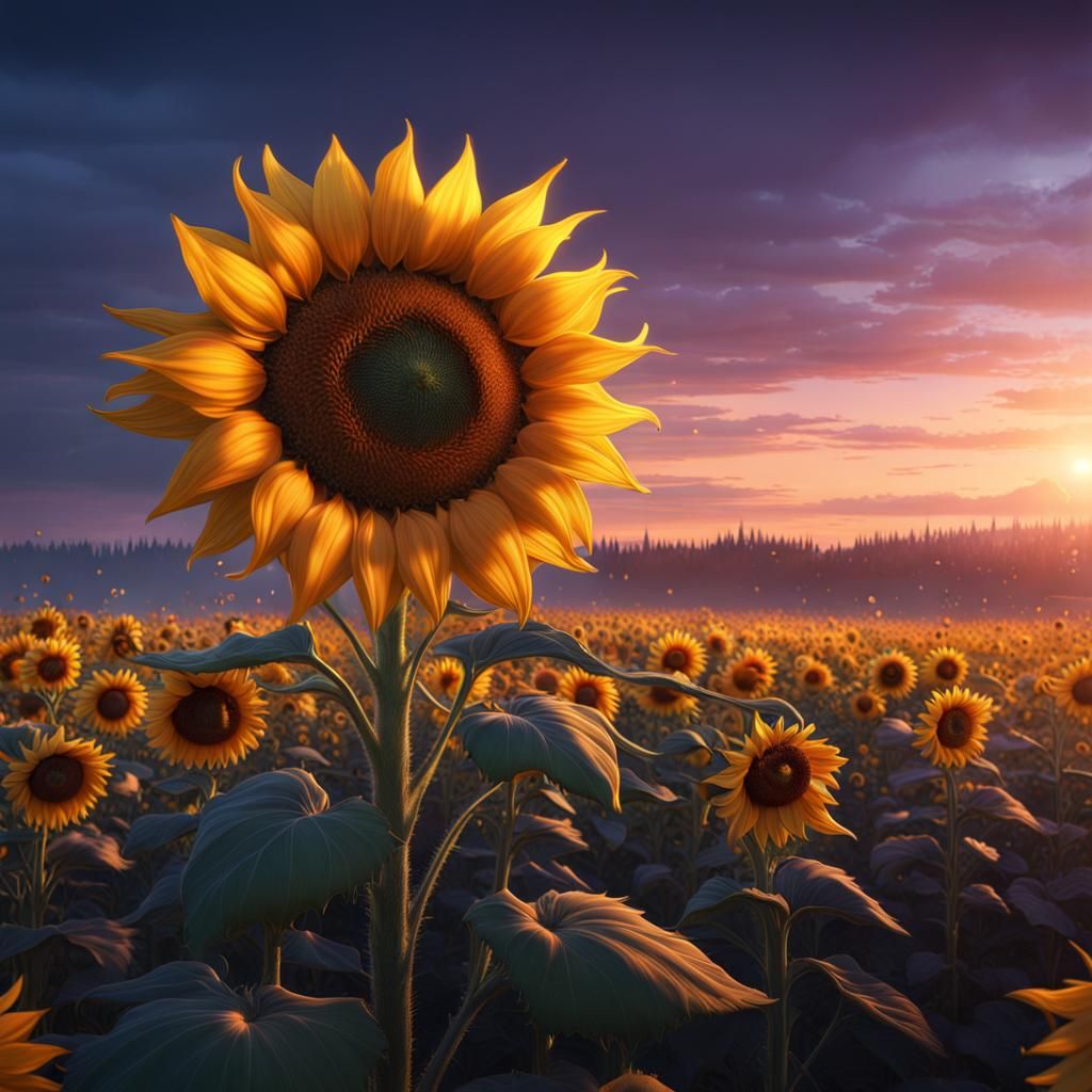 Fantasy Sunflower Field at Twilight: Detailed Matte Painting