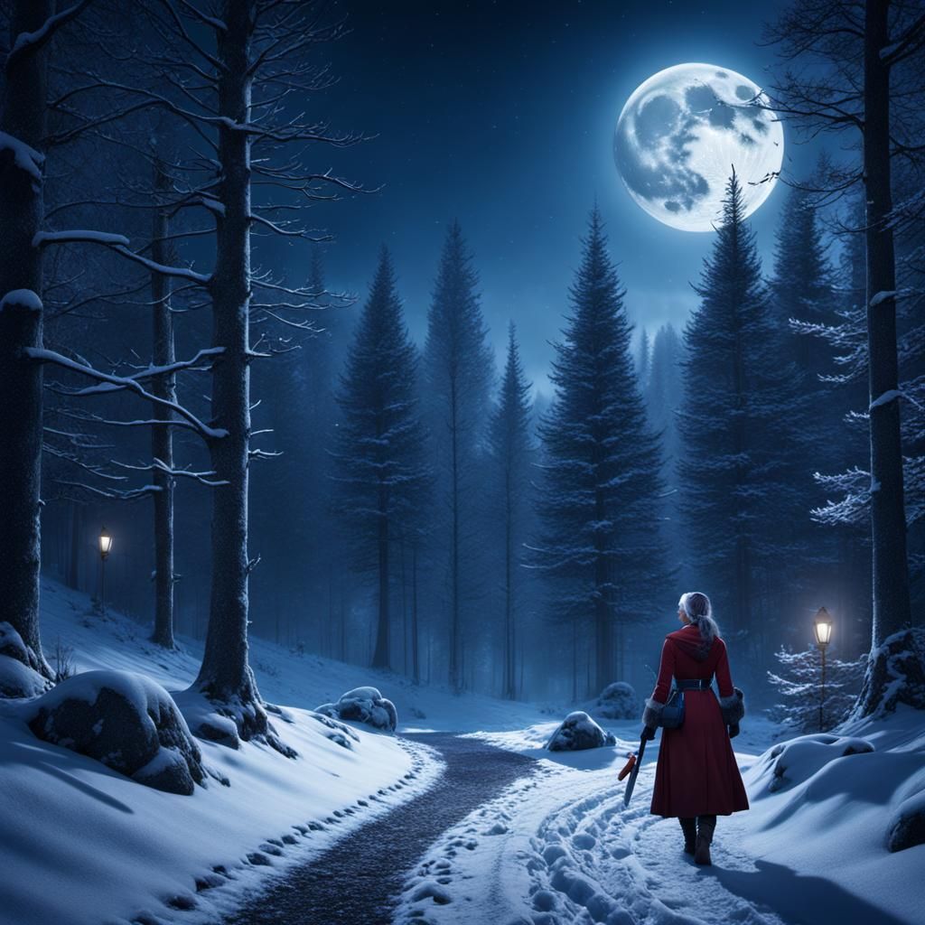 Woman Works on Snowy Path Under Moon in Matte Painting